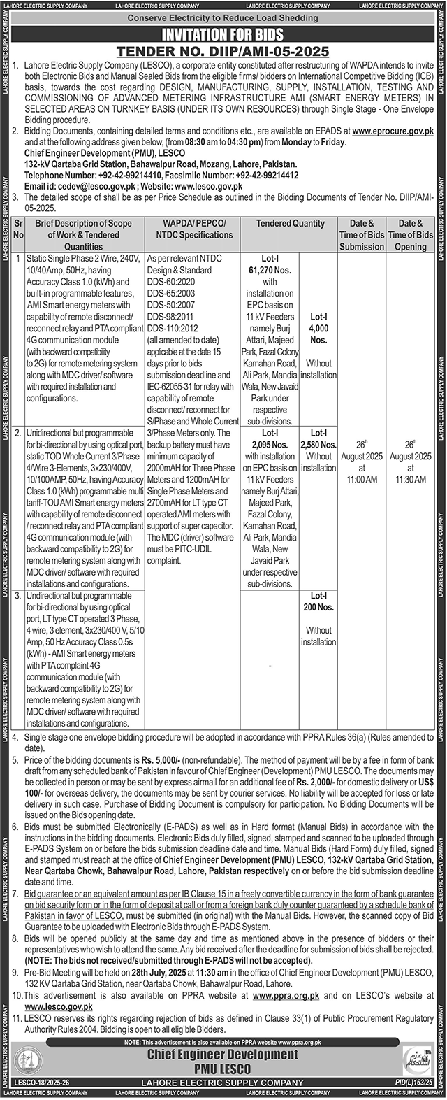 Lahore Electric Supply Company Lahore Tender Notice